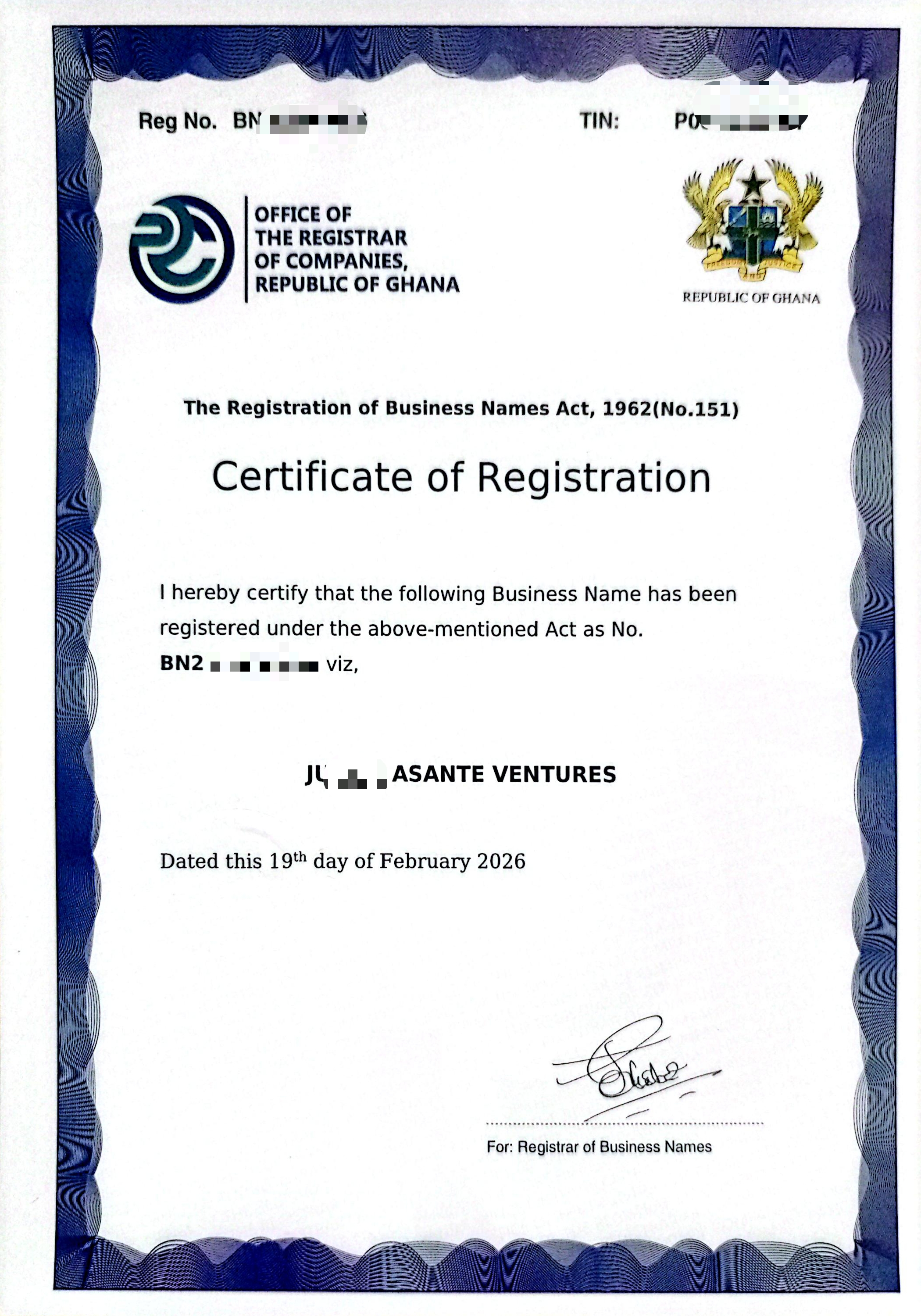 BUSINESS CERTIFICATE REGISTRATION